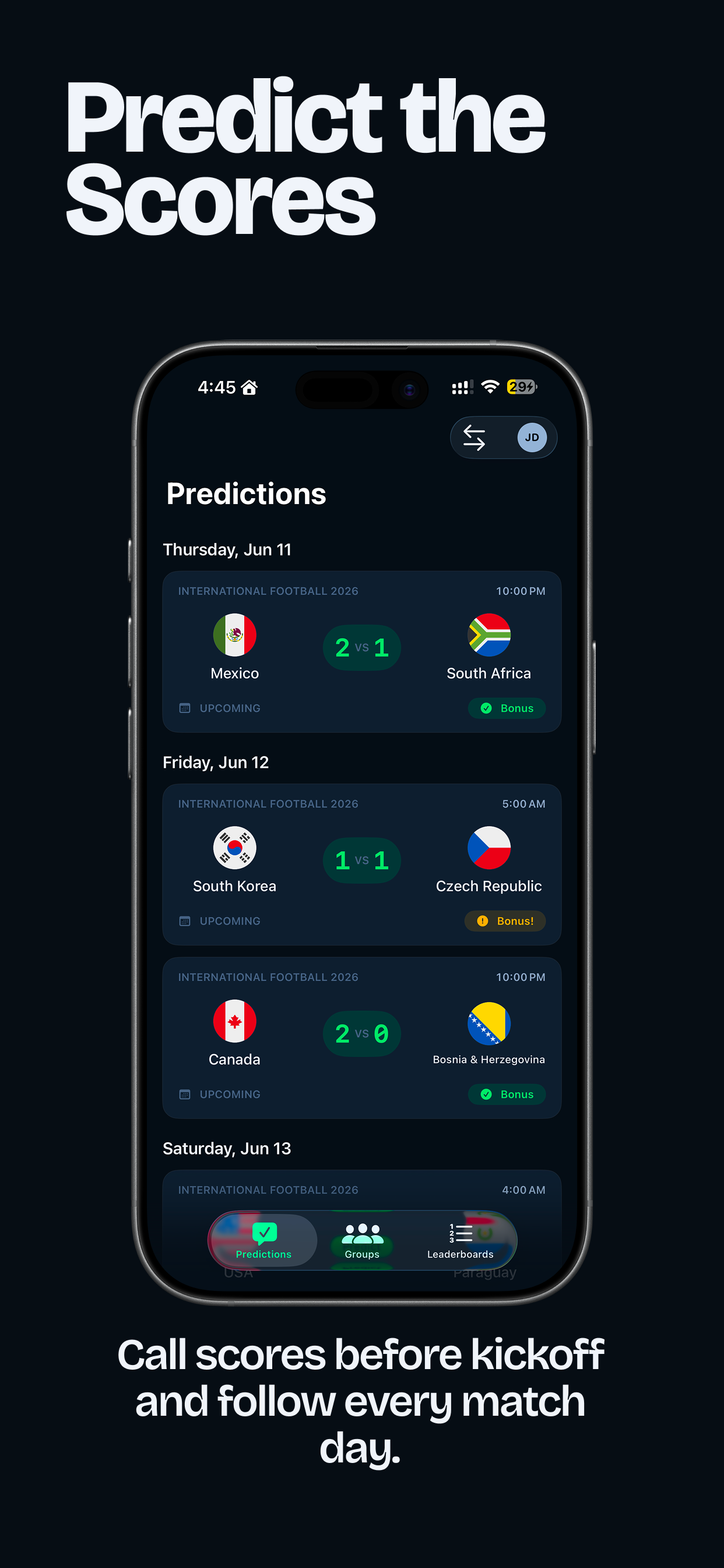 MatchCall predictions screen listing upcoming World Cup fixtures with score calls and bonus tags.
