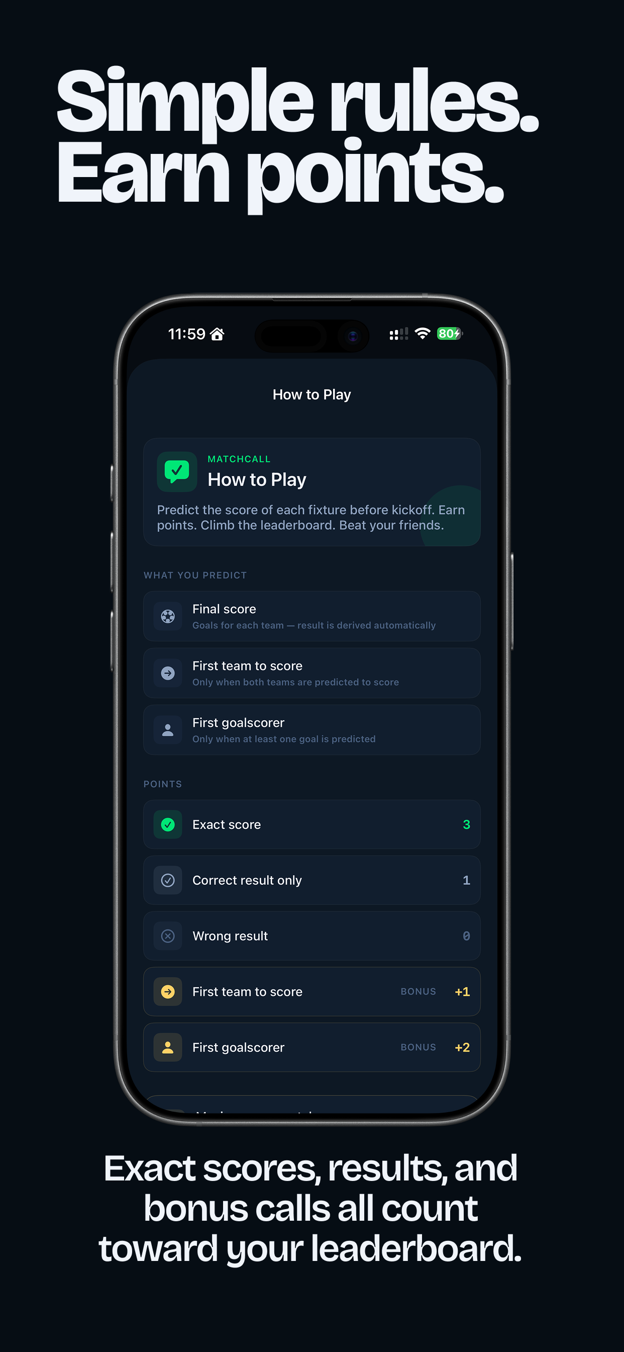 How to play: what you predict and how exact scores, results, and bonus calls earn points.